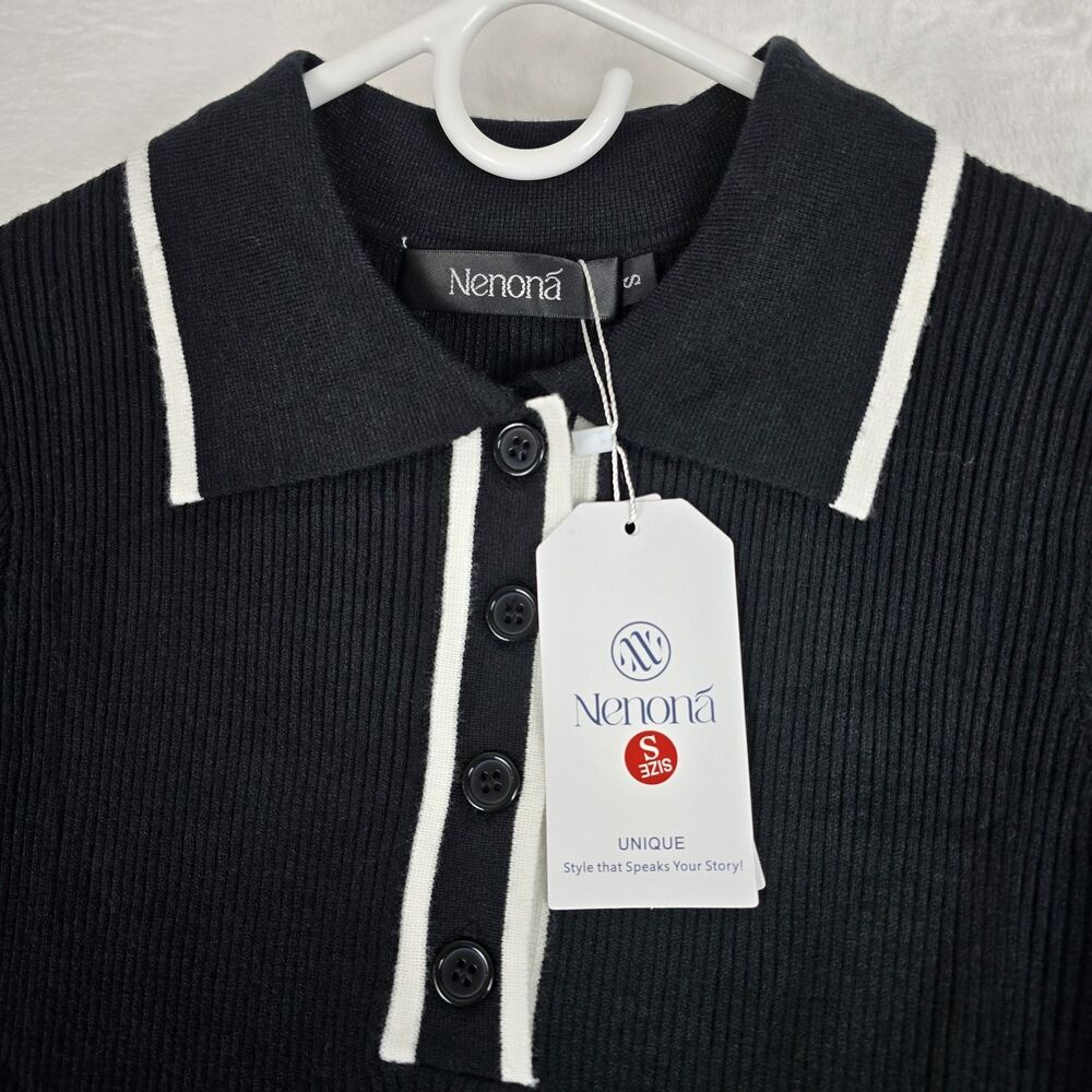 Nenoná Black Ribbed Knit Polo Collar Long Sleeve Sweater Women Top Size S - Picture 5 of 8